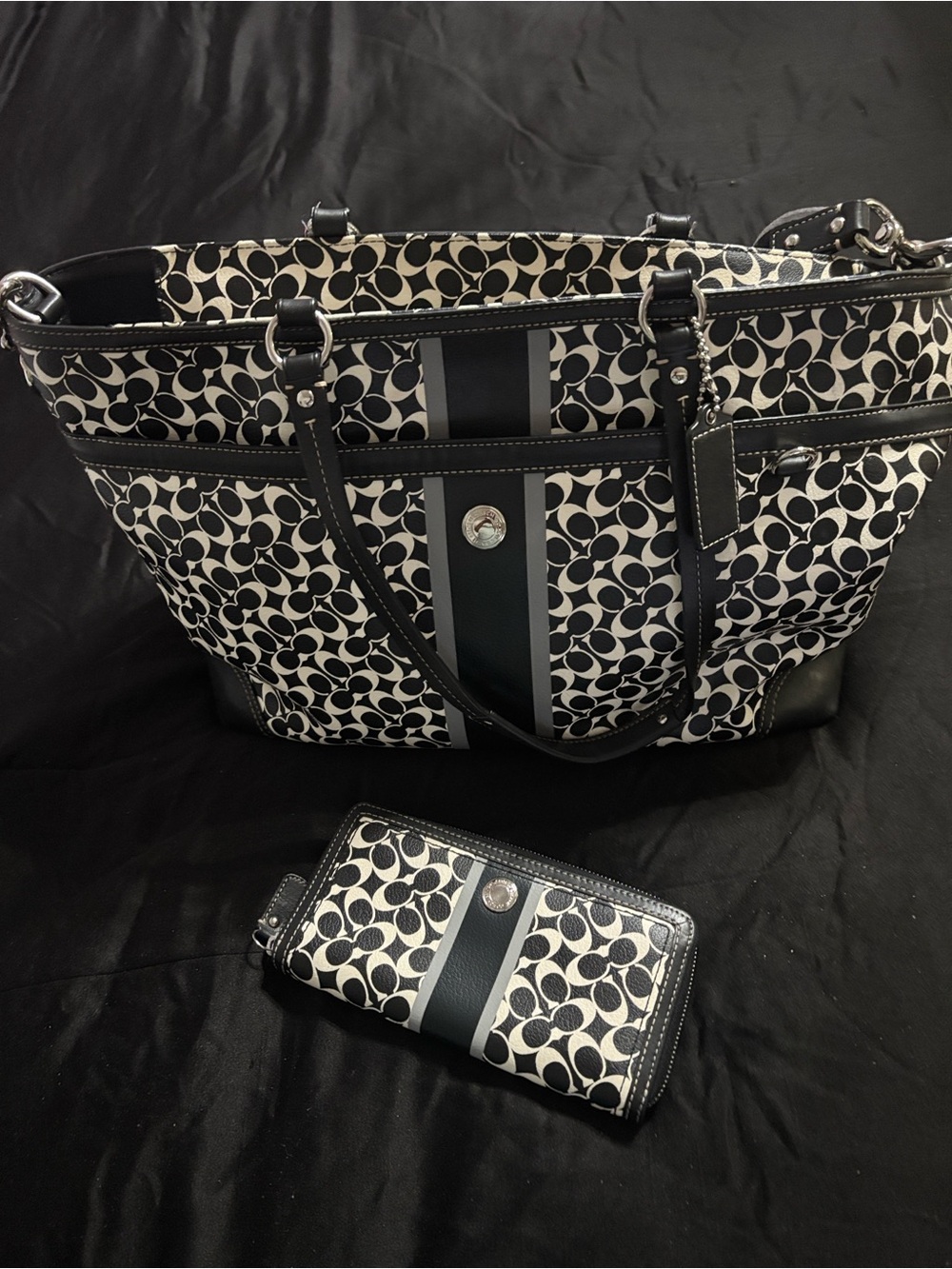 Coach Black & Cream Signature Stripe Tote with Matching Wallet